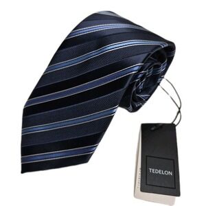 NWT Tedelon Mens Tie Blue Diagonal Stripe Polyester Necktie Business Formal